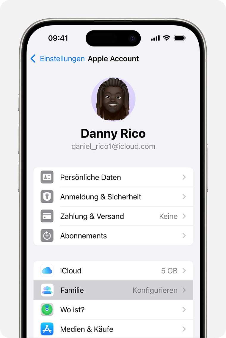 iPhone-Bildschirm mit den Schritten zum Einrichten der Familienfreigabe.