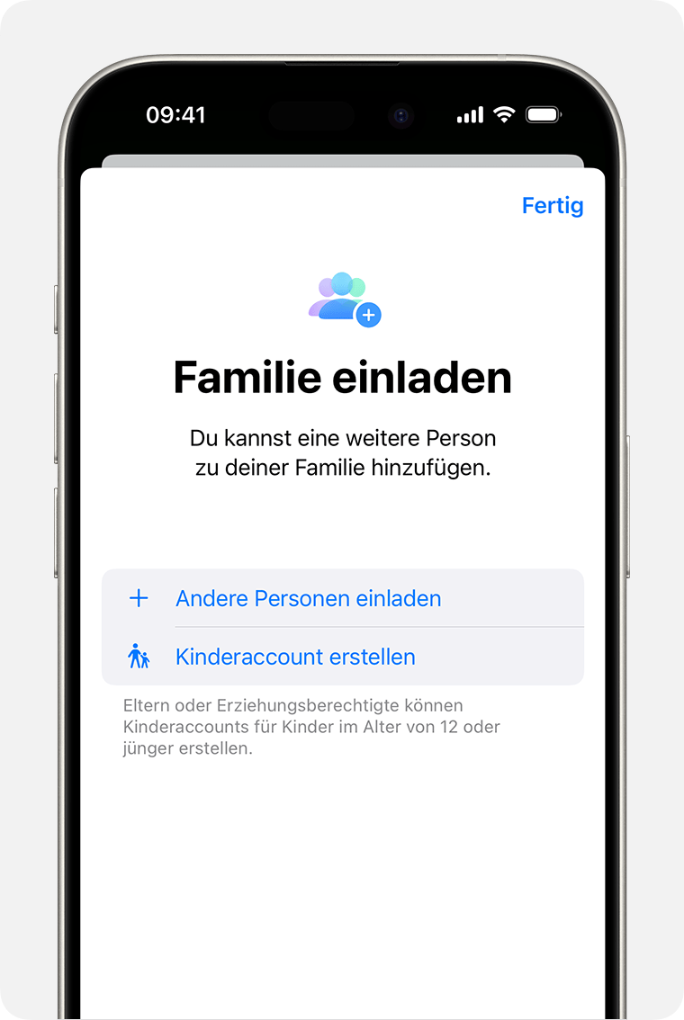 iPhone zeigt eine Einladung zur Familienfreigabe an, einschließlich der Option „Kindkonto erstellen“