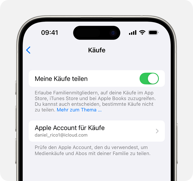 iPhone-Display, auf dem gezeigt wird, wie „Meine Einkäufe teilen“ aktiviert wird.