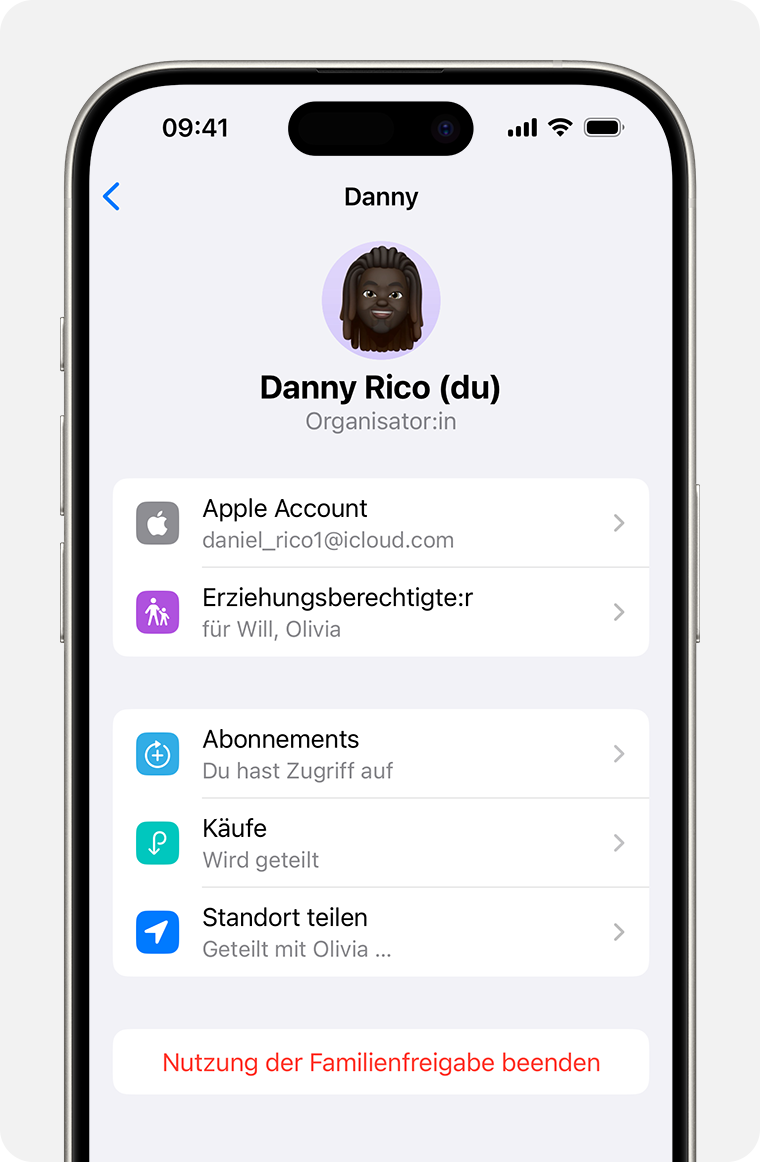 iPhone-Bildschirm mit dem Schritt zum Auflösen einer Familienfreigabegruppe