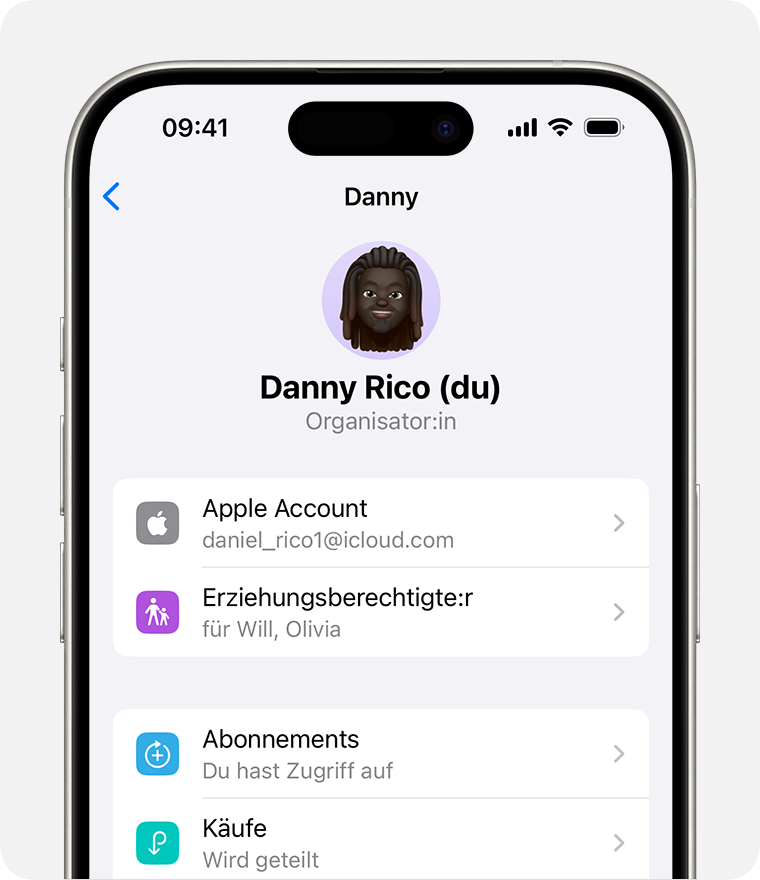 iPhone-Display mit einem Apple Account für einen Familienorganisator.