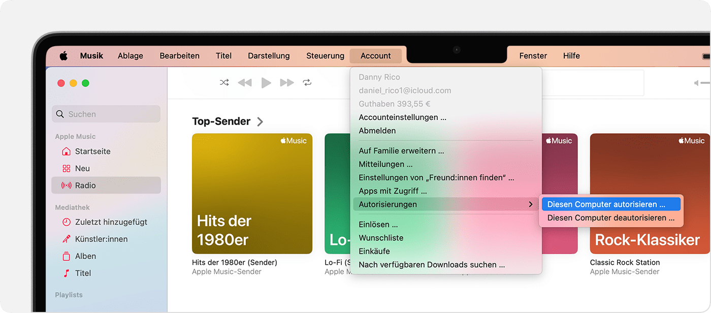 Apple Music-App auf dem Mac mit der Anzeige „Diesen Computer autorisieren“ oder „Diesen Computer deautorisieren“