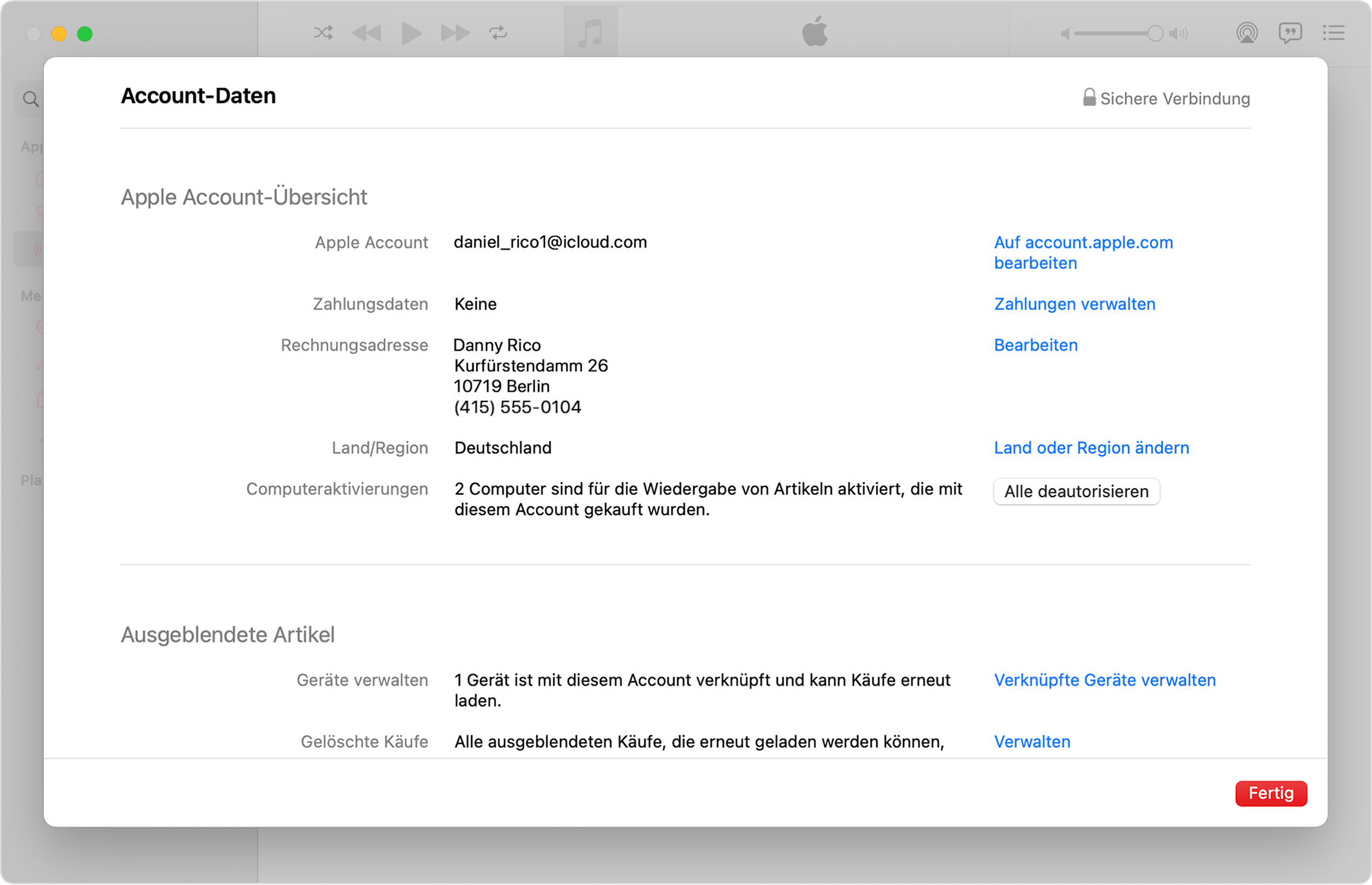 Apple Music App auf dem Mac mit der Seite "Accountinformationen" und der Taste "alle deautorisieren"