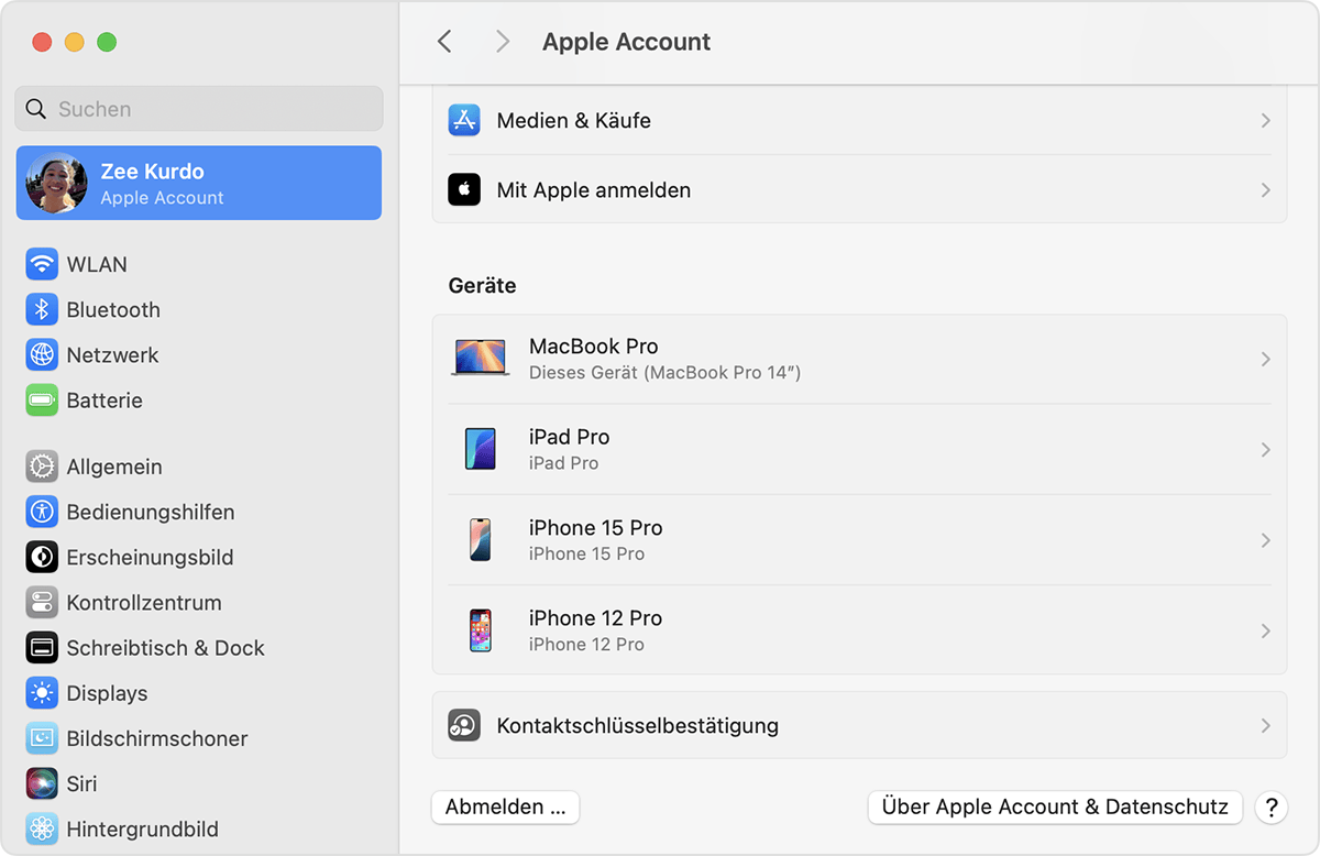 Die Taste „Abmelden“ befindet sich unten in den Apple-Account-Einstellungen in macOS.