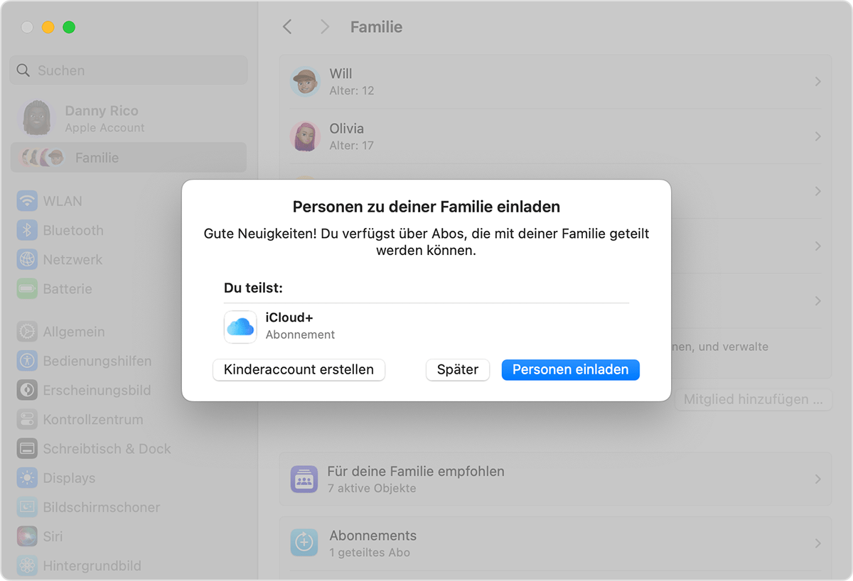 Mac-Systemeinstellungen zeigen die Einladung zur Familienfreigabe und die Schaltfläche „Kindkonto erstellen“