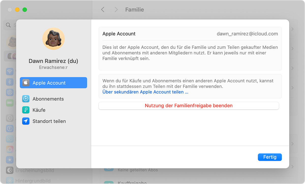 Mac-Bildschirm mit dem Schritt zum Beenden der Nutzung der Familienfreigabe