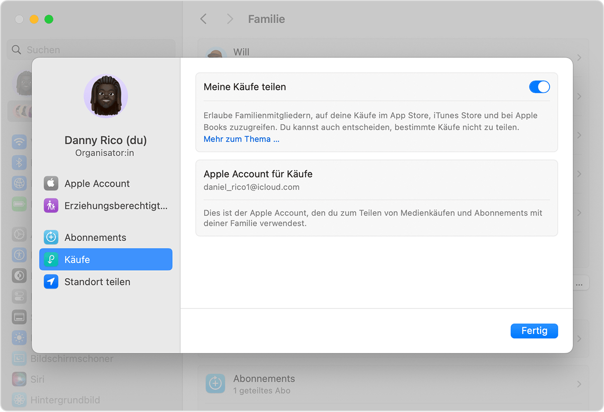 Mac-Display, auf dem gezeigt wird, wie „Meine Einkäufe teilen“ aktiviert wird.