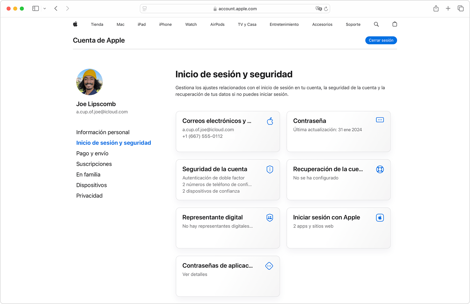 Página de la cuenta de Apple en la web que muestra la sección Inicio de sesión y seguridad