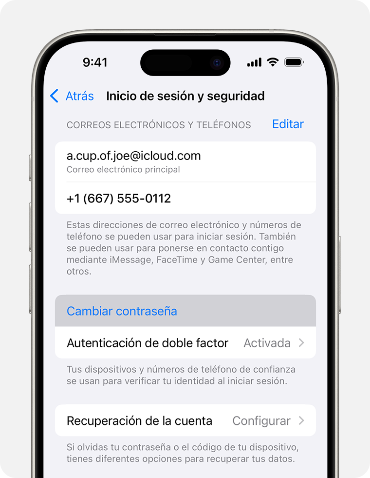 iPhone muestra los ajustes de inicio de sesión y seguridad y la opción de cambiar la contraseña