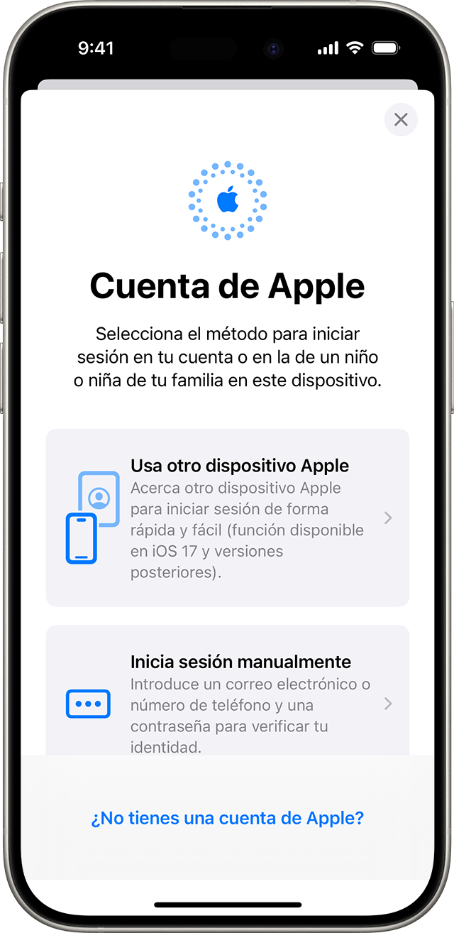 En los ajustes del iPhone, puedes iniciar sesión manualmente con tu Cuenta de Apple o usar otro dispositivo Apple.