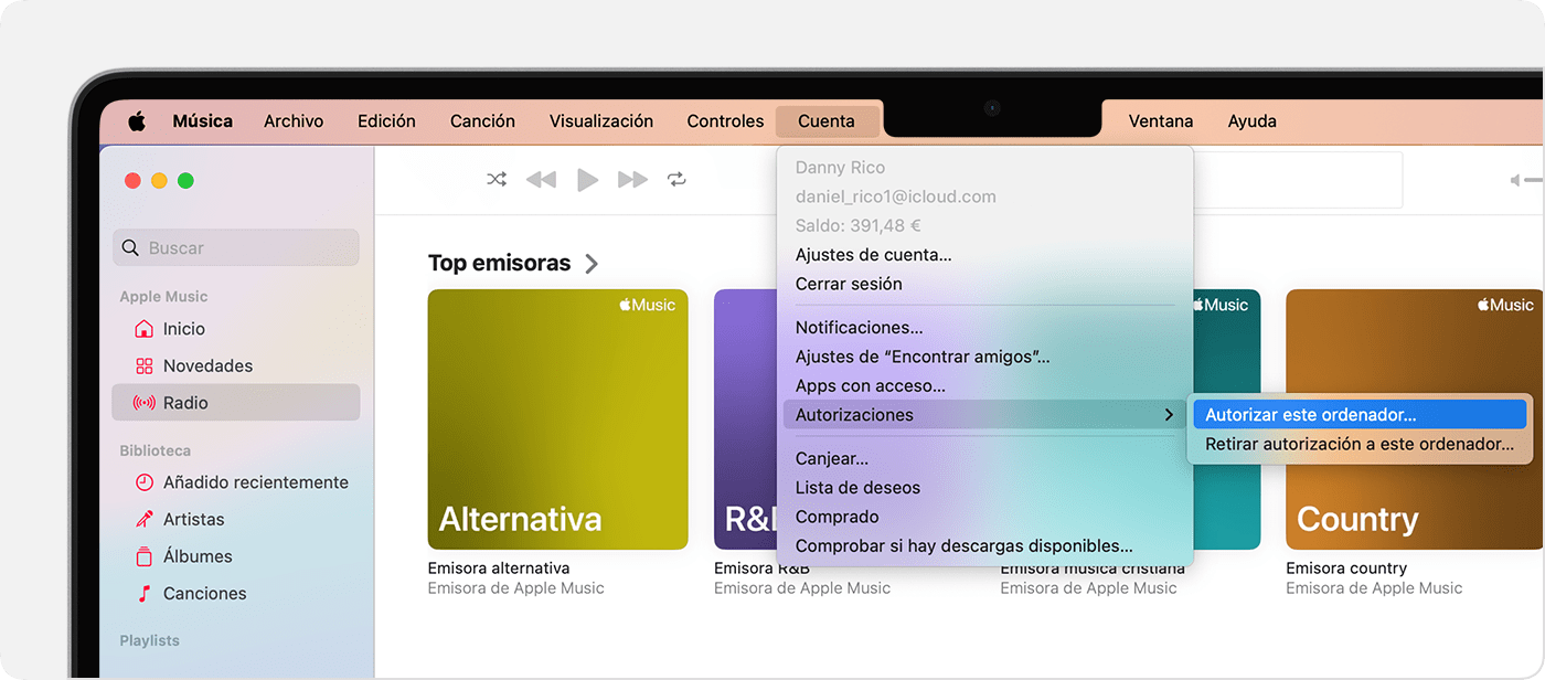 App Apple Music en un Mac que muestra Autorizar este ordenador o Desautorizar este ordenador