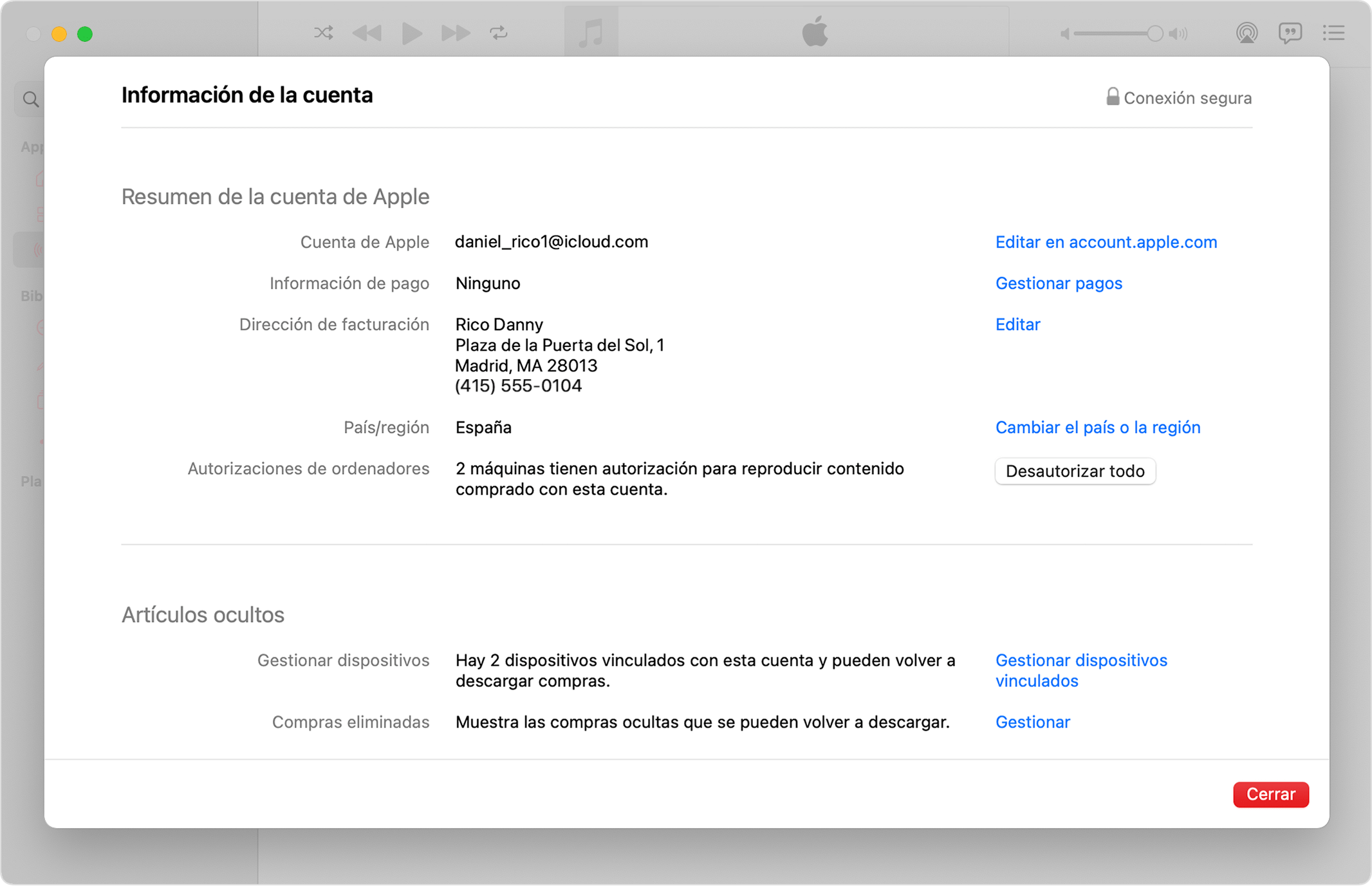 App Apple Music en un Mac que muestra la página Información de la cuenta y el botón Desautorizar todo
