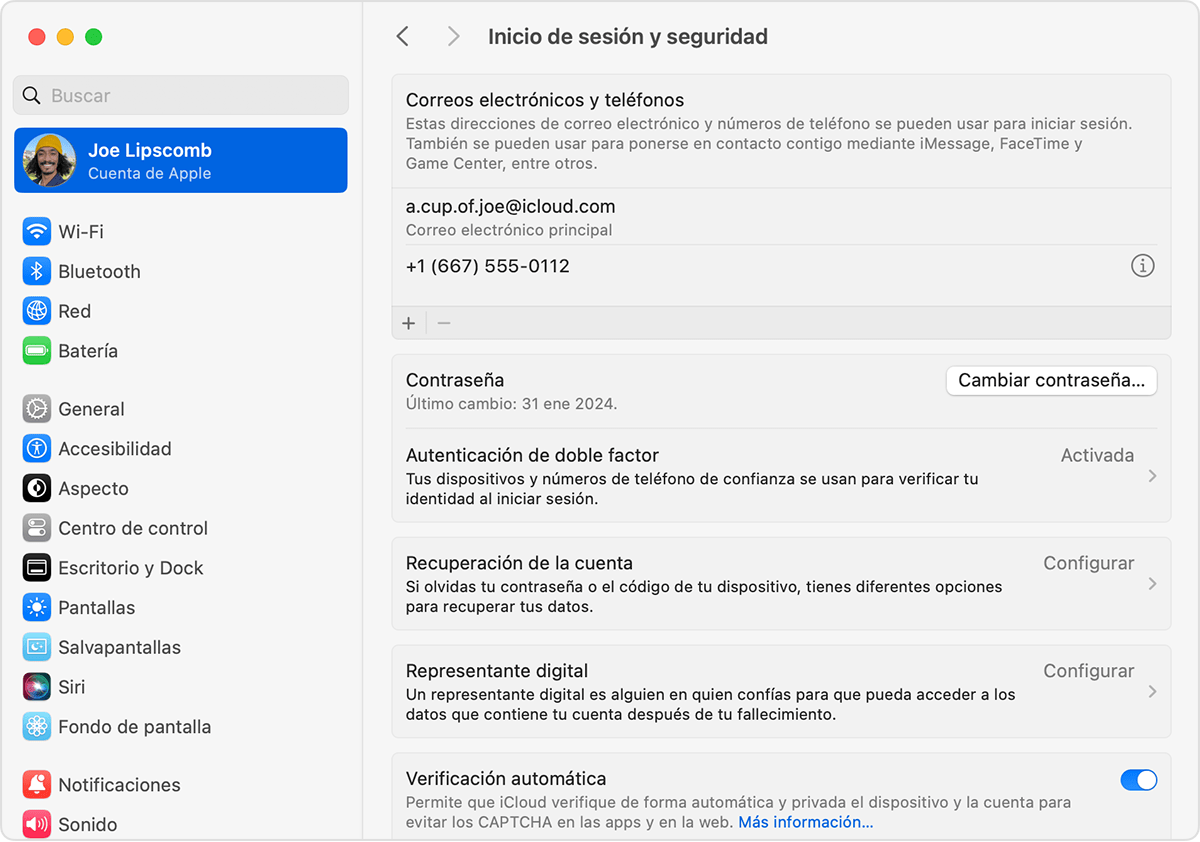 Ajustes del Sistema del Mac que muestran los ajustes de inicio de sesión y seguridad y el botón Cambiar contraseña