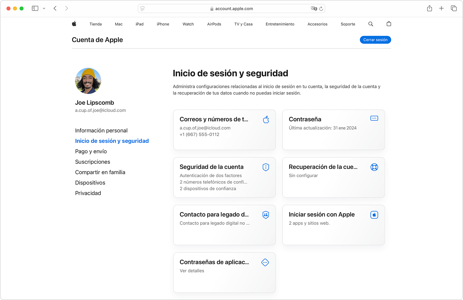 Página de la cuenta de Apple en la web que muestra la sección Inicio de sesión y seguridad