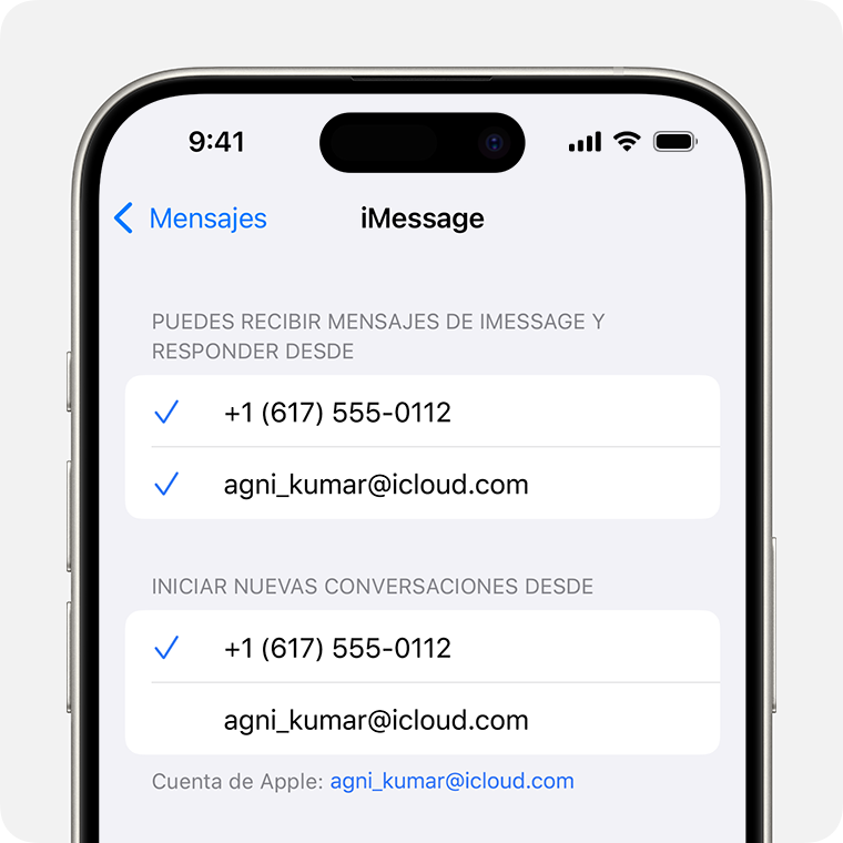 iPhone en el que se muestra la pantalla de configuración de iMessage con opciones para seleccionar qué número de teléfono o dirección de correo electrónico te gustaría usar para recibir mensajes de iMessage, responder a mensajes de iMessage e iniciar nuevas conversaciones.