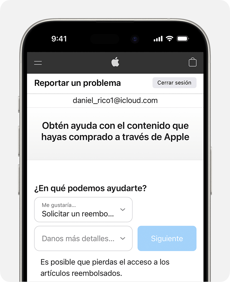 iPhone en el que se muestra el sitio web Reportar un problema donde puedes solicitar un reembolso. Después de seleccionar la opción para solicitar un reembolso, elige el motivo por el que lo solicitas.