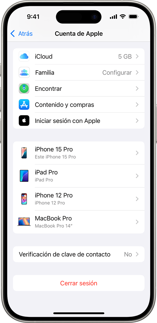 El botón Cerrar sesión se encuentra en la parte inferior de la configuración de tu cuenta de Apple en iOS.