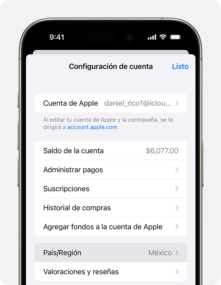 iPhone en el que se muestra País/Región en Configuración de la cuenta