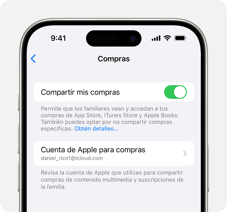 Una pantalla de iPhone en la que se muestra cómo activar Compartir mis compras.