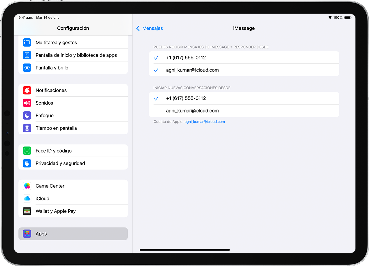 iPad en el que se muestra la pantalla de configuración de iMessage con opciones para seleccionar qué número de teléfono o dirección de correo electrónico te gustaría usar para recibir mensajes de iMessage, responder a mensajes de iMessage e iniciar nuevas conversaciones.