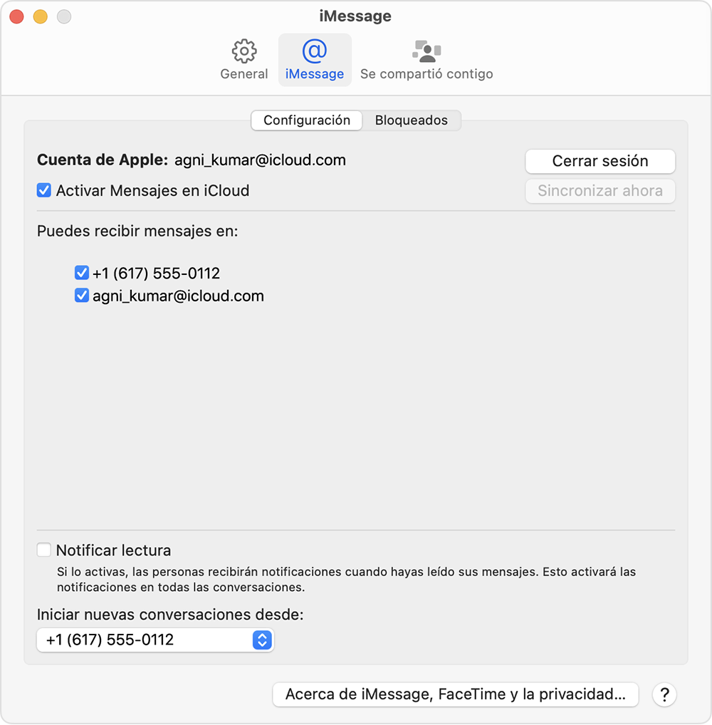 Pantalla de configuración de iMessage en una Mac con opciones para seleccionar qué número de teléfono o dirección de correo electrónico te gustaría usar para recibir mensajes de iMessage e iniciar nuevas conversaciones.