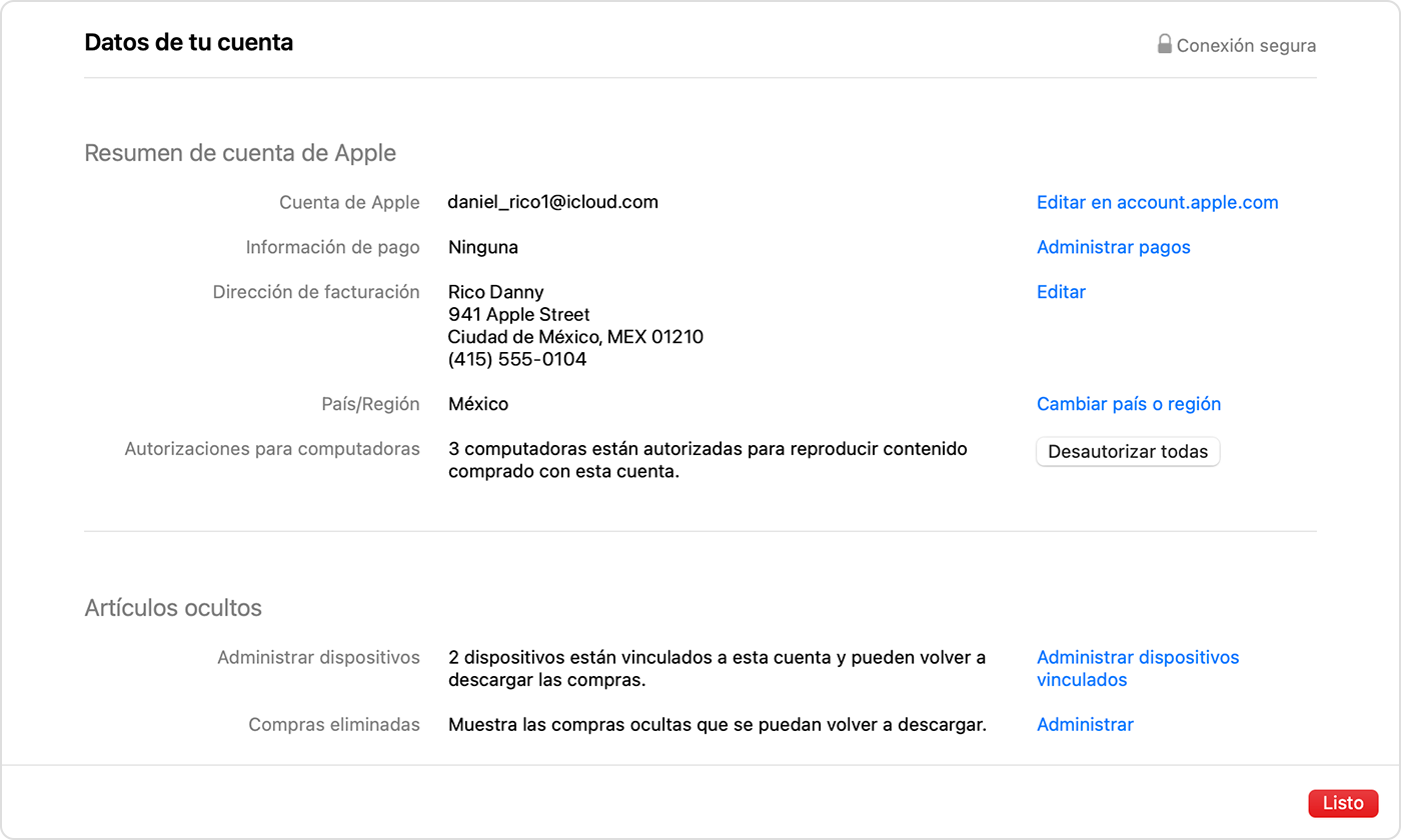 App Apple Music en la Mac mostrando la página Información de la cuenta, incluido Cambiar de país o región