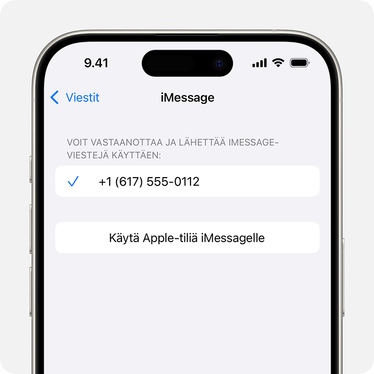 iPhone, jossa näkyy iMessagen asetusnäyttö. Alareunassa näkyvää Käytä Apple-tiliä iMessagelle -painiketta napauttamalla voit lähettää ja vastaanottaa iMessage-viestejä Apple-tililläsi.