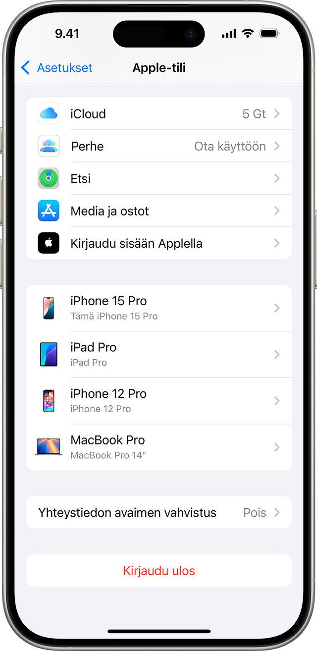 Kirjaudu ulos -painike on iOS:n Apple-tiliasetusten alaosassa.