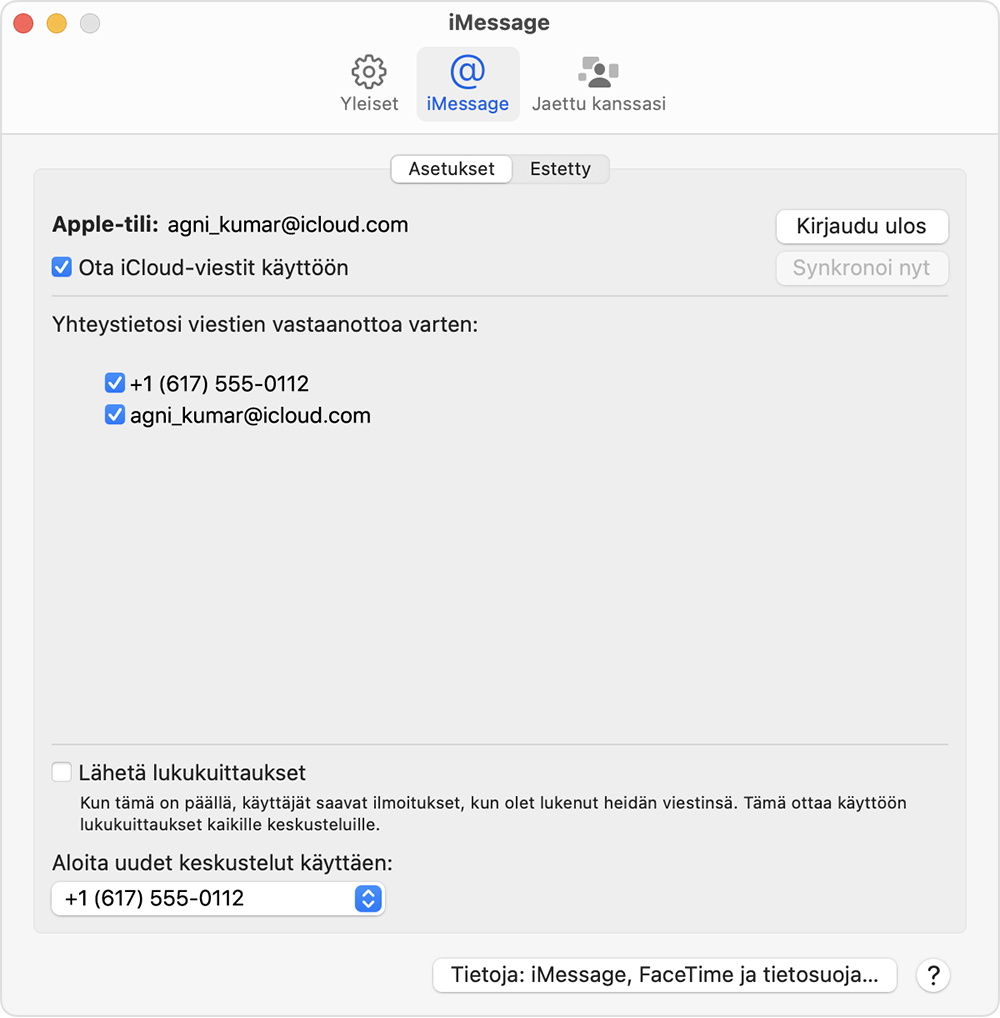 iMessagen asetusnäyttö Macissa. Näytön vaihtoehtojen avulla voit valita puhelinnumeron tai sähköpostiosoitteen, jota haluat käyttää iMessage-viestien vastaanottamiseen ja uusien keskusteluiden aloittamiseen.