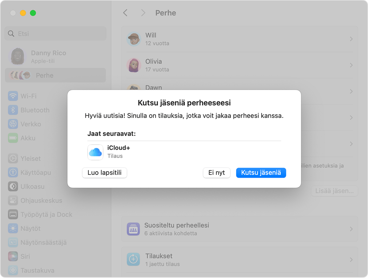 Mac-järjestelmäasetukset, joissa näkyy Perhejako-kutsu ja Luo lapselle tili -painike