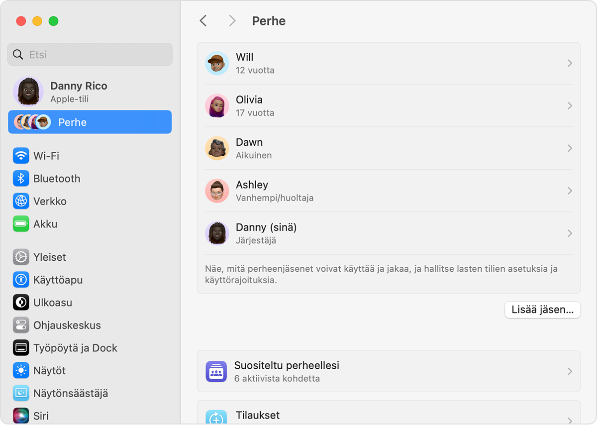 Mac-järjestelmäasetukset, joissa näkyvät Perhe-asetukset, mukaan lukien Lisää jäsen -painike