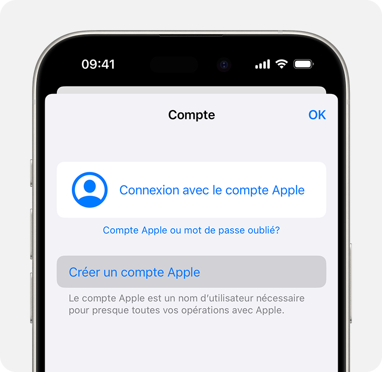 Écran d’iPhone affichant l’option Créer un compte Apple