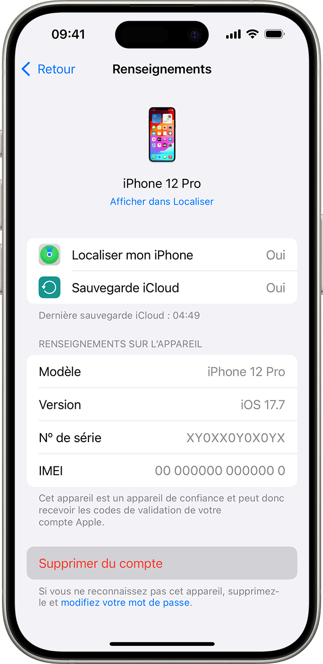 iPhone affichant le bouton Supprimer du compte pour un appareil