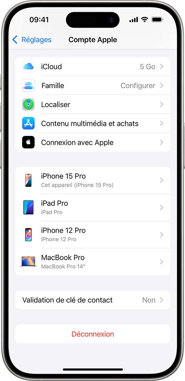 Réglages iPhone affichant une liste d’appareils