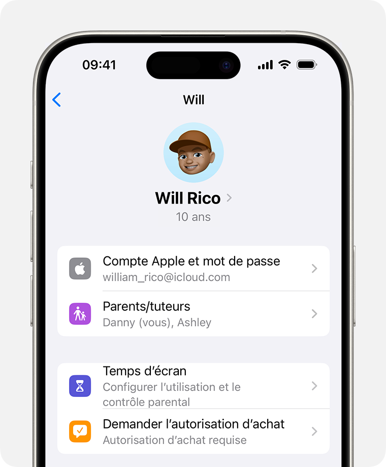 Une fois que vous avez touché le nom d’un membre de votre famille, l’option Demander l’autorisation d’achat s’affiche dans la deuxième section de l’écran.