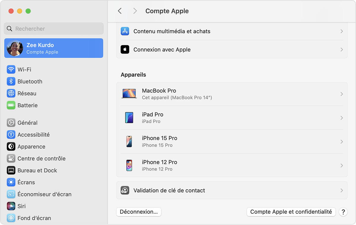 Réglages du système Mac affichant une liste des appareils