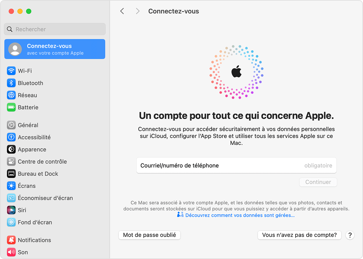 Écran de Mac affichant le bouton Vous n’avez pas de compte?