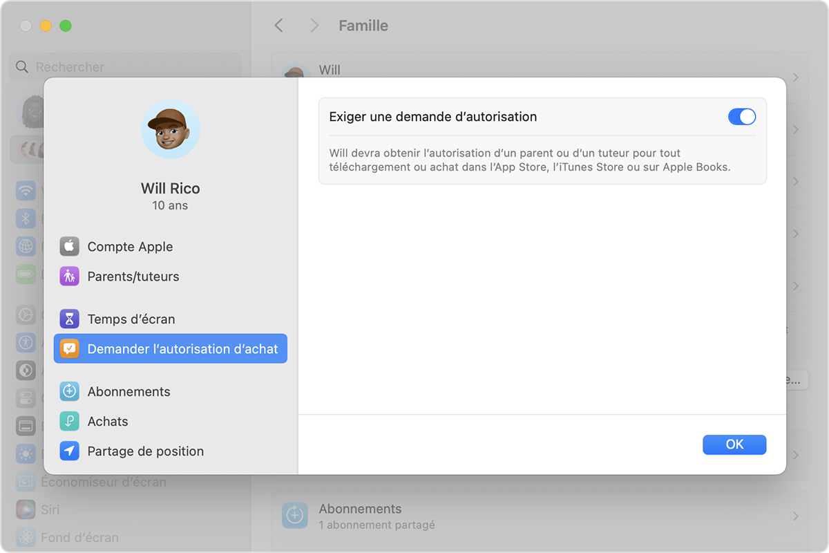 Une fois que vous avez cliqué sur le nom d’un membre de votre famille, l’option Demander l’autorisation d’achat s’affiche dans la barre latérale.
