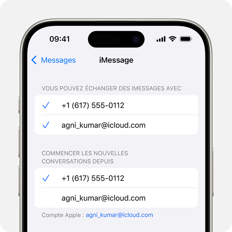 iPhone affichant l’écran des réglages iMessage avec des options permettant de sélectionner le numéro de téléphone ou l’adresse e-mail que vous souhaitez utiliser pour recevoir et répondre à des iMessages, et démarrer de nouvelles conversations.