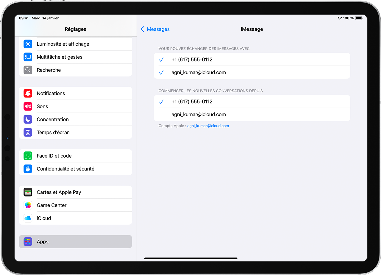 iPad affichant l’écran des réglages iMessage avec des options permettant de sélectionner le numéro de téléphone ou l’adresse e-mail que vous souhaitez utiliser pour recevoir des iMessages, répondre aux iMessages et démarrer de nouvelles conversations.