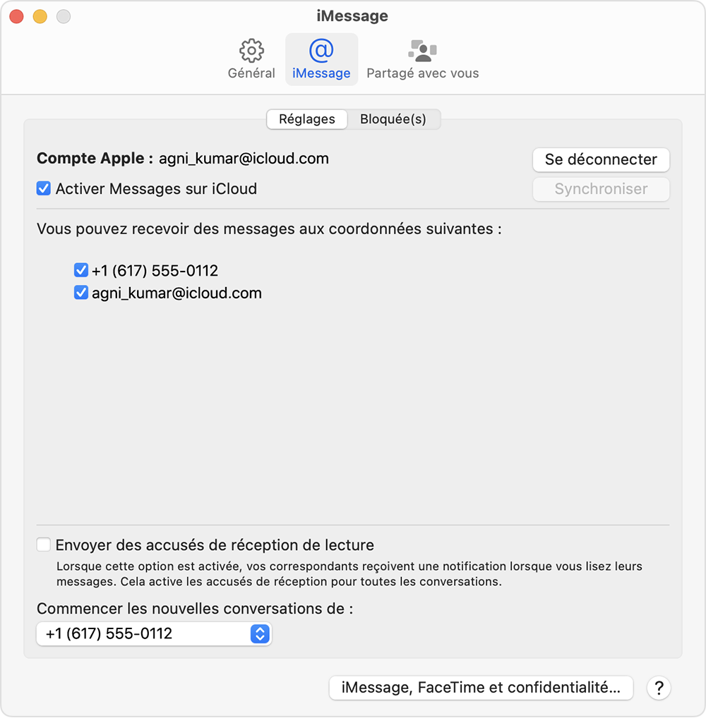 Écran des réglages iMessage sur un Mac avec des options permettant de sélectionner le numéro de téléphone ou l’adresse e-mail que vous souhaitez utiliser pour recevoir des iMessages et démarrer de nouvelles conversations.