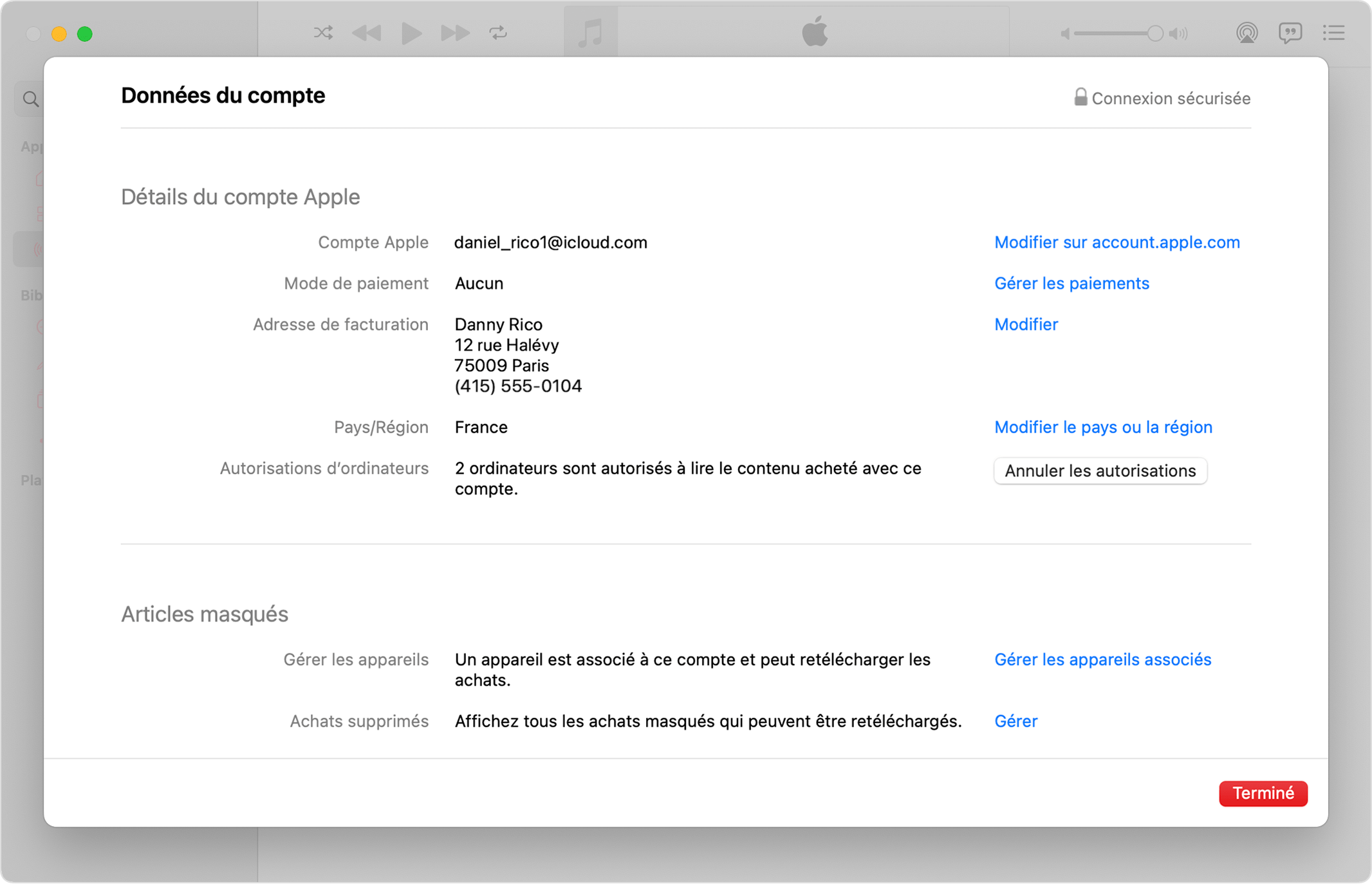 App Apple Music sur un Mac présentant la page Données du compte et le nombre d’ordinateurs autorisés