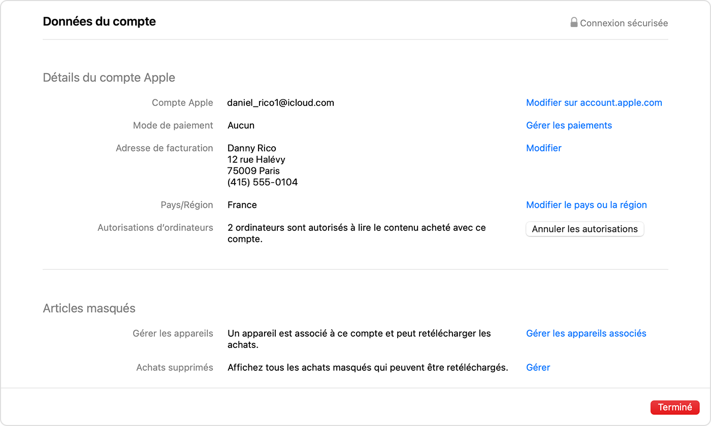 App Apple Music sur Mac affichant la page Détails du compte, dont Modifier le pays / la région