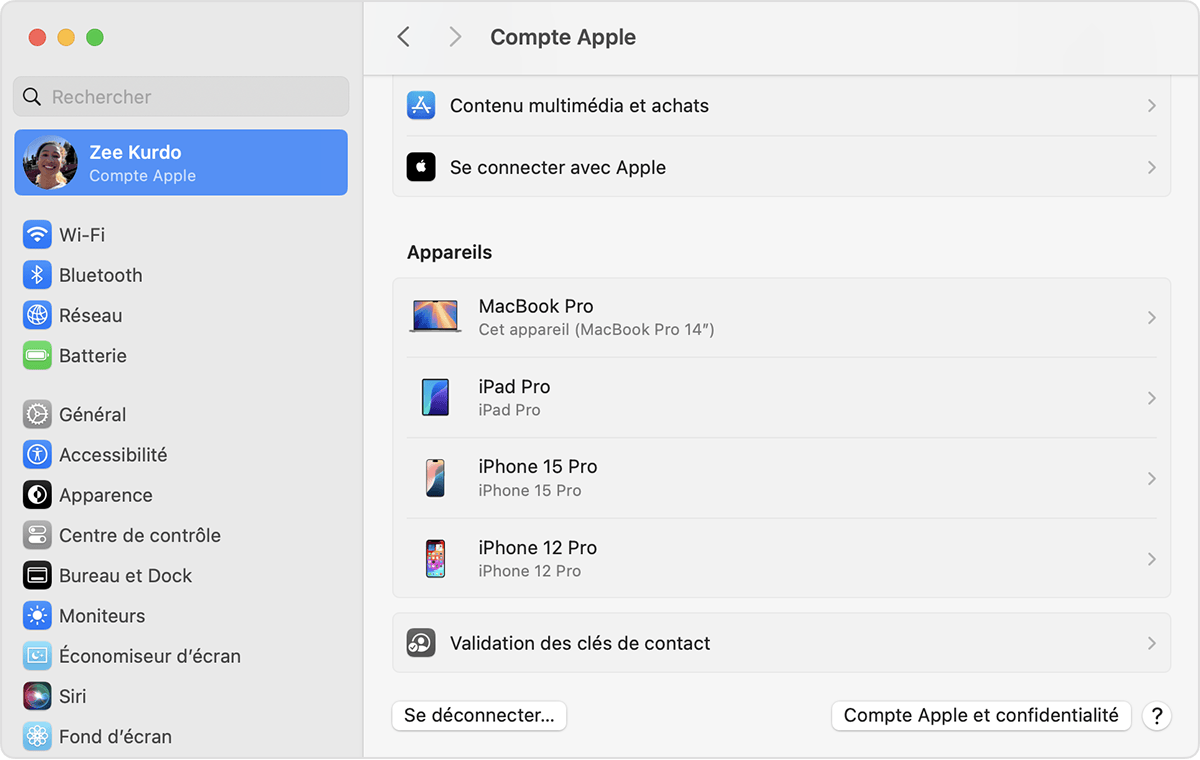 Sous macOS, le bouton Se déconnecter se trouve en bas des réglages de votre compte Apple.