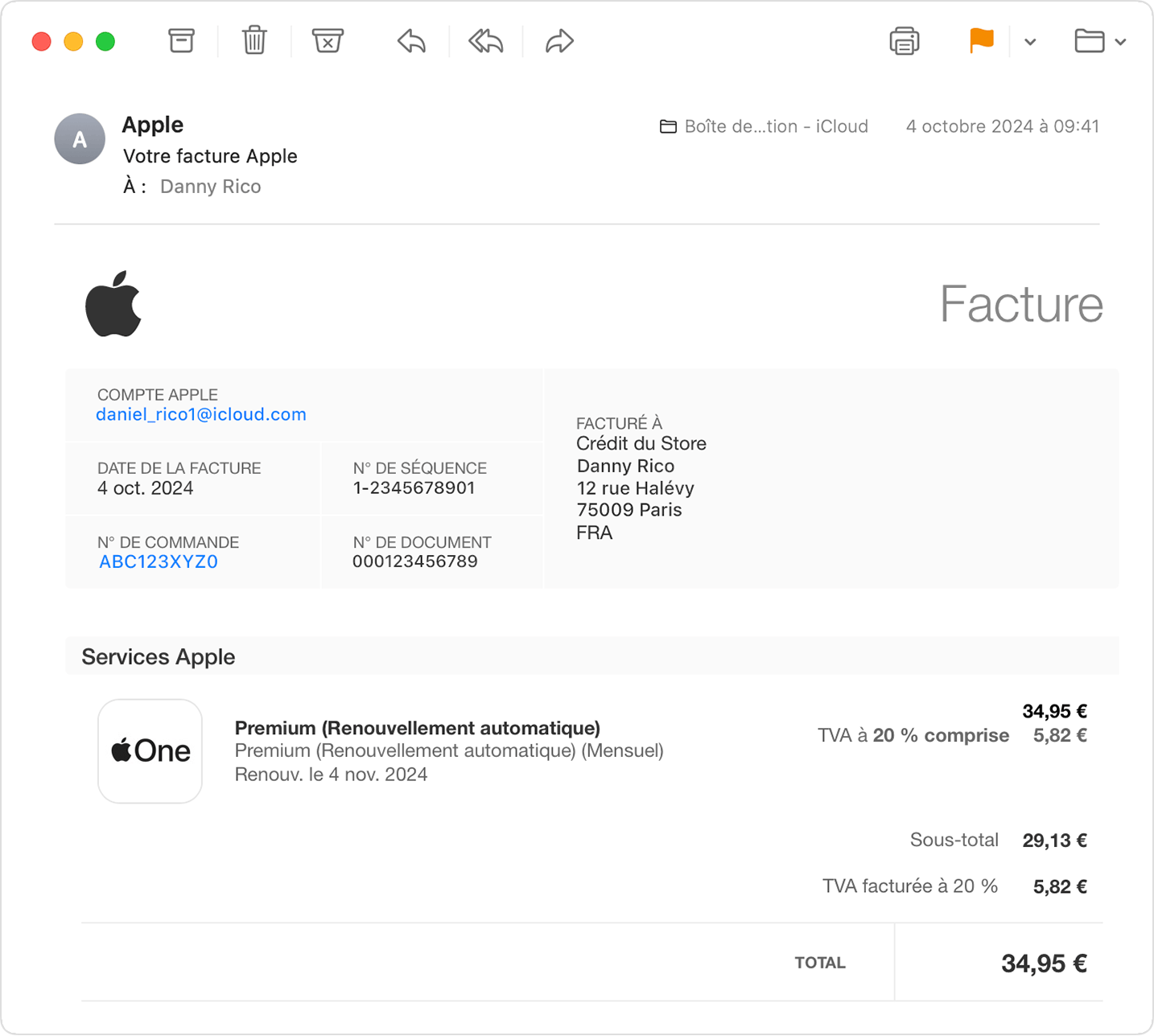 Un e-mail de reçu pour un achat d’abonnement Apple One.