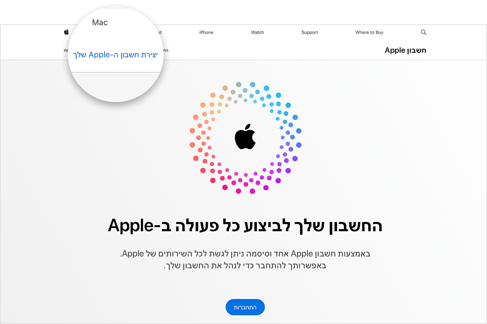 מסך אינטרנט המציג את הקישור 'יצירת חשבון Apple'