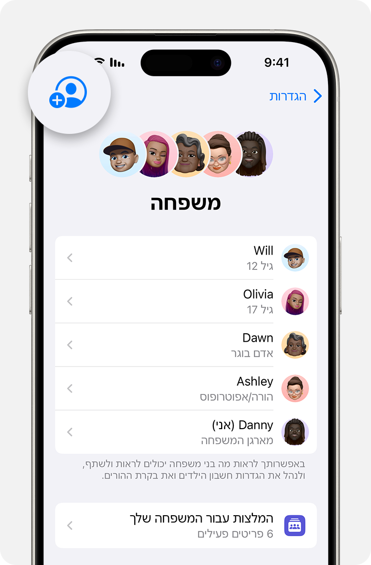 מסך ה-iPhone מציג את השלבים להוספת חבר לקבוצה 'שיתוף משפחתי'.