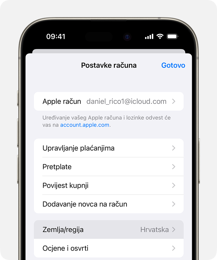 iPhone uređaj na kojem se prikazuje Država/regija u odjeljku Postavke računa