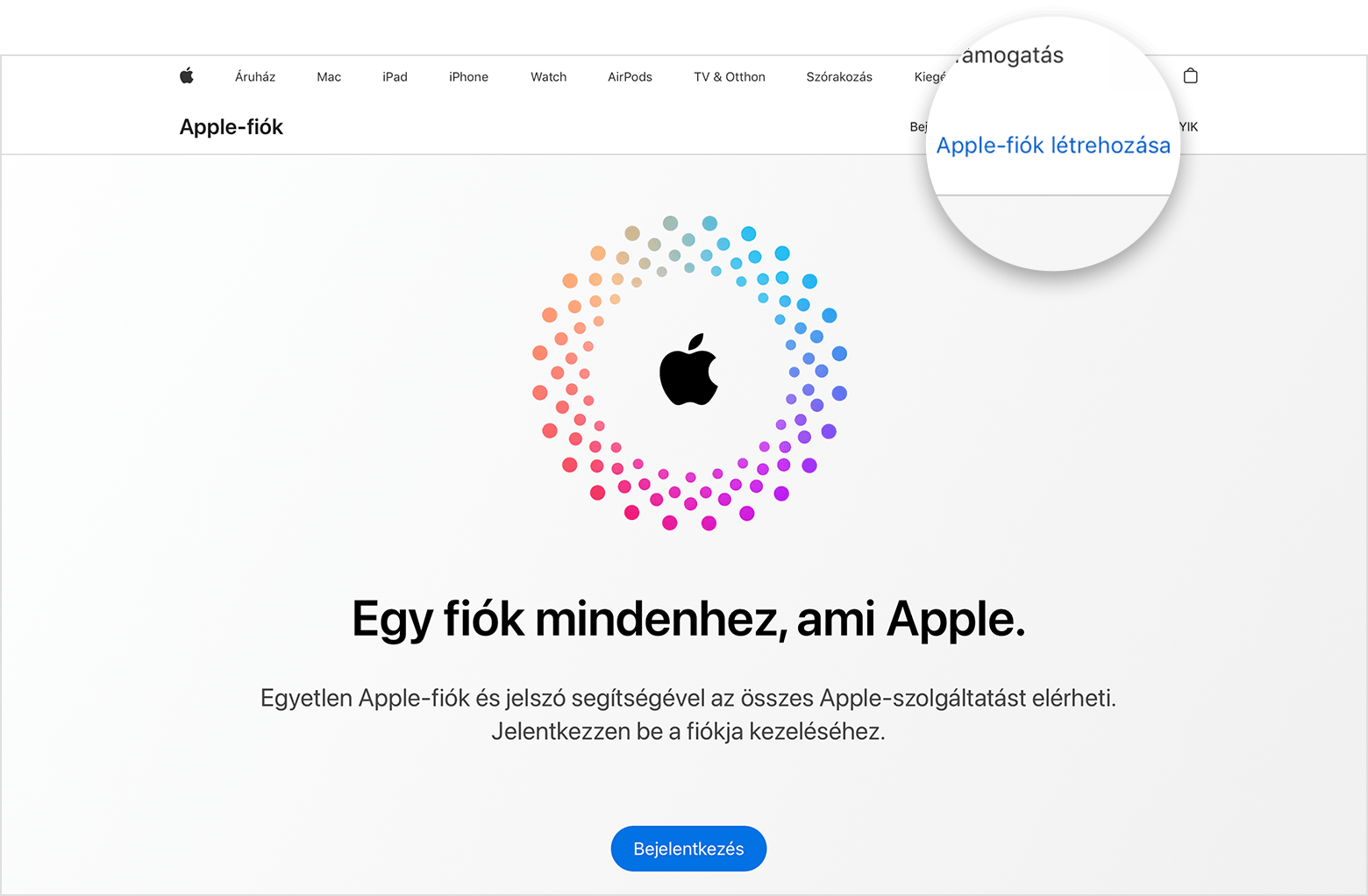 A webes felület képernyője, amelyen az Apple-fiók létrehozása hivatkozás látható