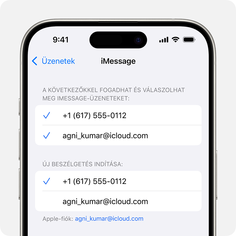 Az iMessage beállítási képernyője iPhone-on, az itt szereplő lehetőségekkel meghatározhatja, hogy melyik telefonszámot vagy e-mail-címet szeretné használni az iMessage-üzenetek fogadásához és megválaszolásához, valamint új beszélgetések indításához.